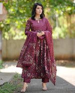 Thumbnail for Jyoti Fashion Women's Maroon Rayon Printed Designer Kurta Set with Dupatta - Distacart