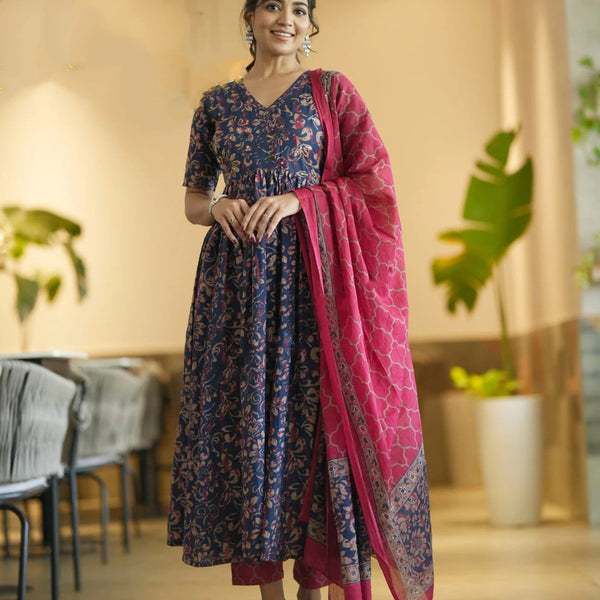 Jyoti Fashion Women's Navy Blue Rayon Printed Designer Kurta Set with Dupatta - Distacart