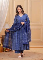Thumbnail for Jyoti Fashion Women's Blue Rayon Printed Designer Kurta Set with Dupatta - Distacart