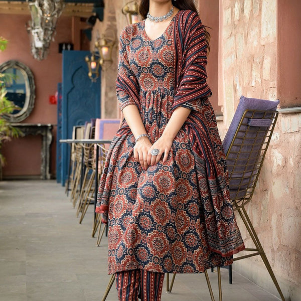 Jyoti Fashion Women's Maroon Rayon Printed Designer Kurta Set with Dupatta - Distacart