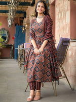 Thumbnail for Jyoti Fashion Women's Maroon Rayon Printed Designer Kurta Set with Dupatta - Distacart