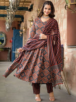 Thumbnail for Jyoti Fashion Women's Maroon Rayon Printed Designer Kurta Set with Dupatta - Distacart