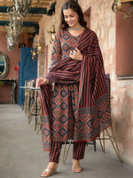 Thumbnail for Jyoti Fashion Women's Maroon Rayon Printed Designer Kurta Set with Dupatta - Distacart
