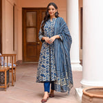 Thumbnail for Jyoti Fashion Women's Navy Blue Rayon Printed Designer Kurta Set with Dupatta - Distacart