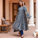 Thumbnail for Jyoti Fashion Women's Navy Blue Rayon Printed Designer Kurta Set with Dupatta - Distacart