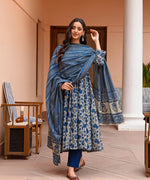Thumbnail for Jyoti Fashion Women's Navy Blue Rayon Printed Designer Kurta Set with Dupatta - Distacart