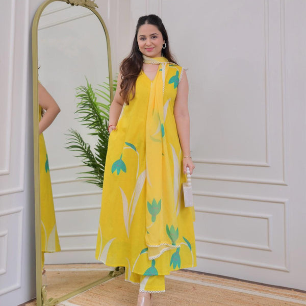 Jyoti Fashion Women's Yellow Rayon Printed Designer Kurta Set with Dupatta - Distacart