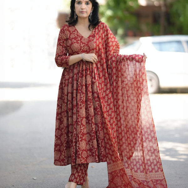 Jyoti Fashion Women's Maroon Rayon Printed Designer Kurta Set with Dupatta - Distacart