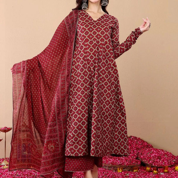 Jyoti Fashion Women's Maroon Rayon Printed Designer Kurta Set with Dupatta - Distacart