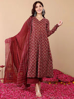 Thumbnail for Jyoti Fashion Women's Maroon Rayon Printed Designer Kurta Set with Dupatta - Distacart