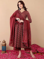 Thumbnail for Jyoti Fashion Women's Maroon Rayon Printed Designer Kurta Set with Dupatta - Distacart