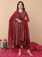 Thumbnail for Jyoti Fashion Women's Maroon Rayon Printed Designer Kurta Set with Dupatta - Distacart
