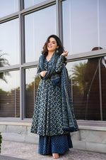 Thumbnail for Jyoti Fashion Women's Navy Blue Rayon Printed Designer Kurta Set with Dupatta - Distacart