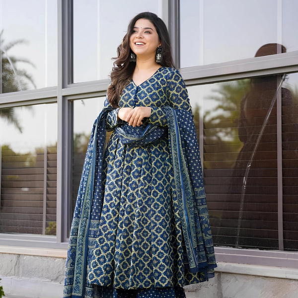 Jyoti Fashion Women's Navy Blue Rayon Printed Designer Kurta Set with Dupatta - Distacart