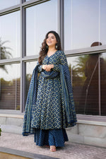 Thumbnail for Jyoti Fashion Women's Navy Blue Rayon Printed Designer Kurta Set with Dupatta - Distacart