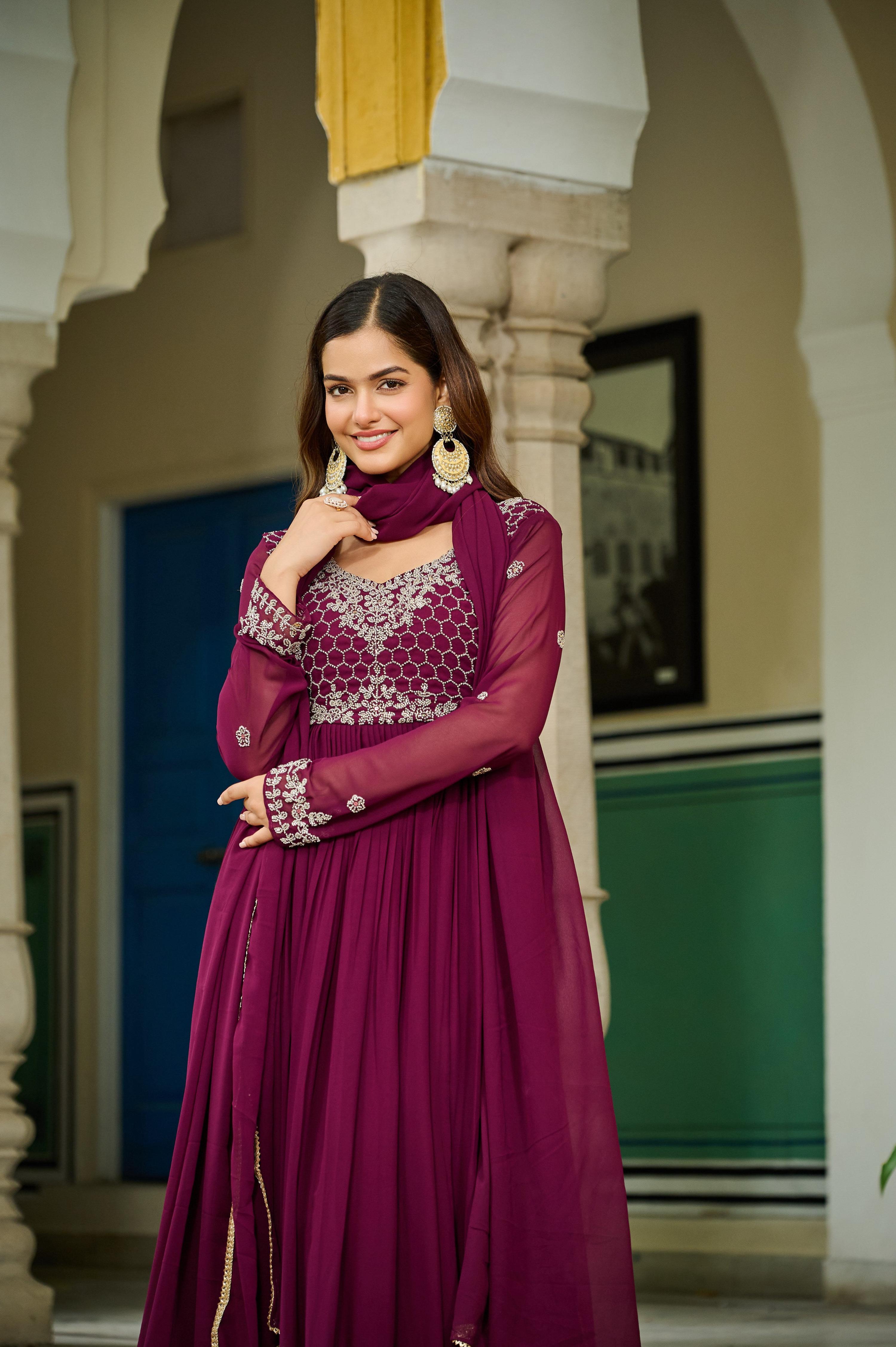 Jyoti Fashion Women's Wine Faux Blooming Beads Embroidered Anarkali Set With Dupatta - Distacart