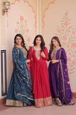 Thumbnail for Jyoti Fashion Women's Rama, Pink & Purple Star Georgette Embroidered Combo Anarkali Set With Dupatta