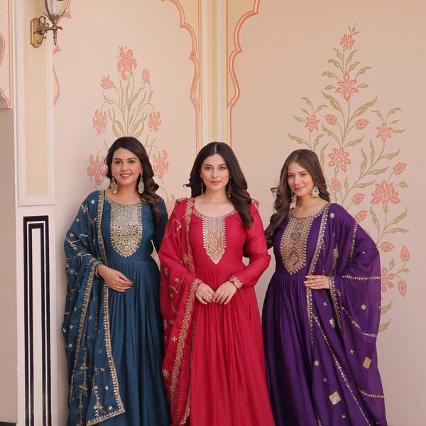 Jyoti Fashion Women's Rama, Pink & Purple Star Georgette Embroidered Combo Anarkali Set With Dupatta