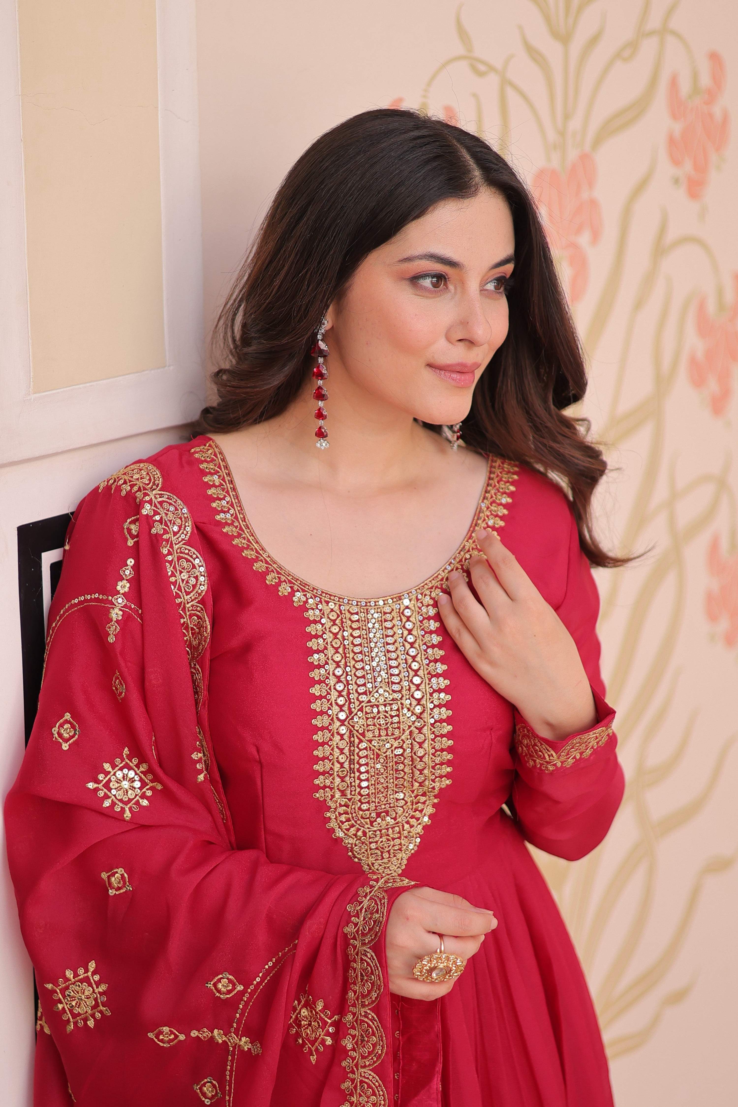 Jyoti Fashion Women's Pink Star Georgette Sequins Zari Embroidered Anarkali Set With Dupatta - Distacart