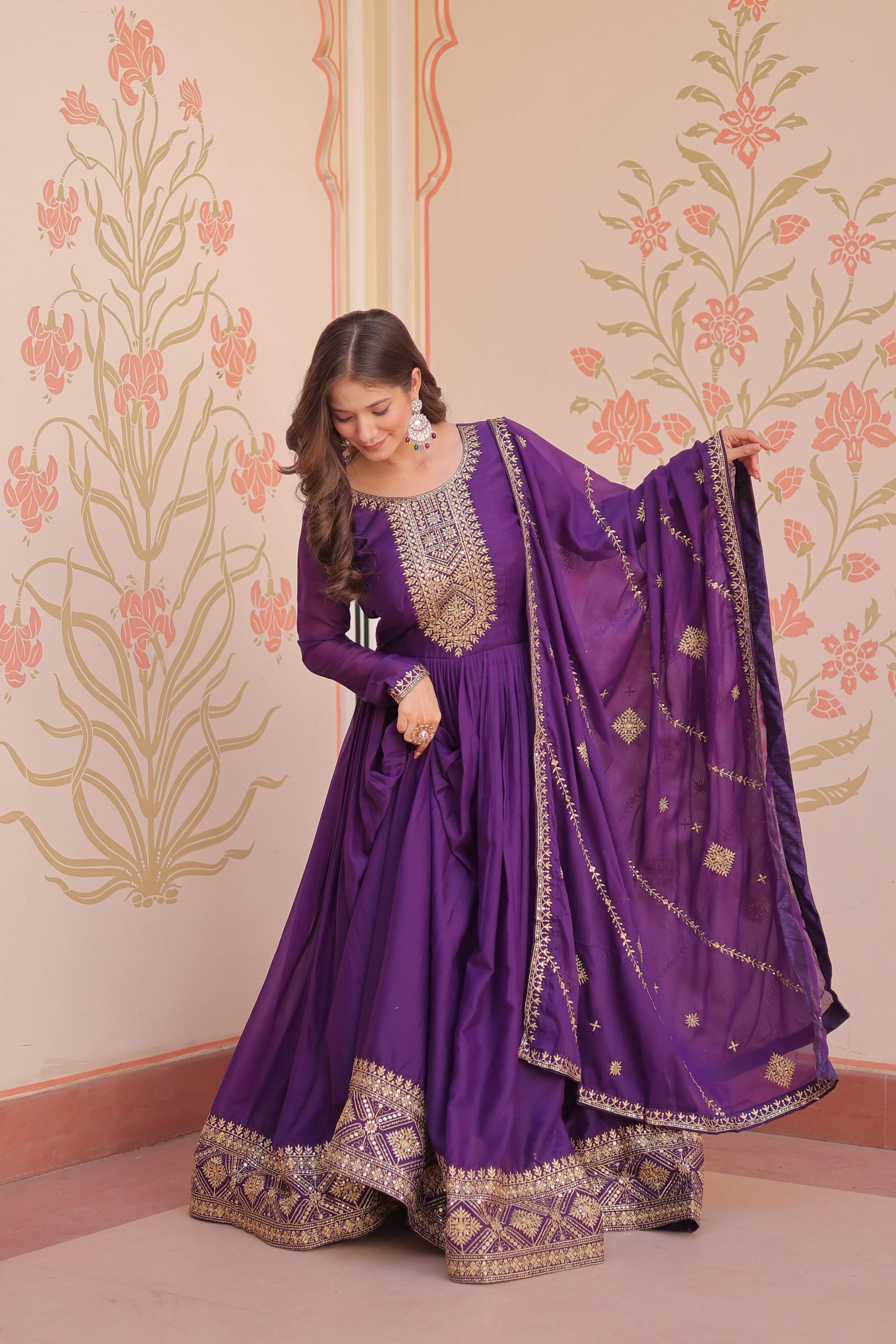 Jyoti Fashion Women's Purple Star Georgette Sequins Zari Embroidered Anarkali Set With Dupatta - Distacart