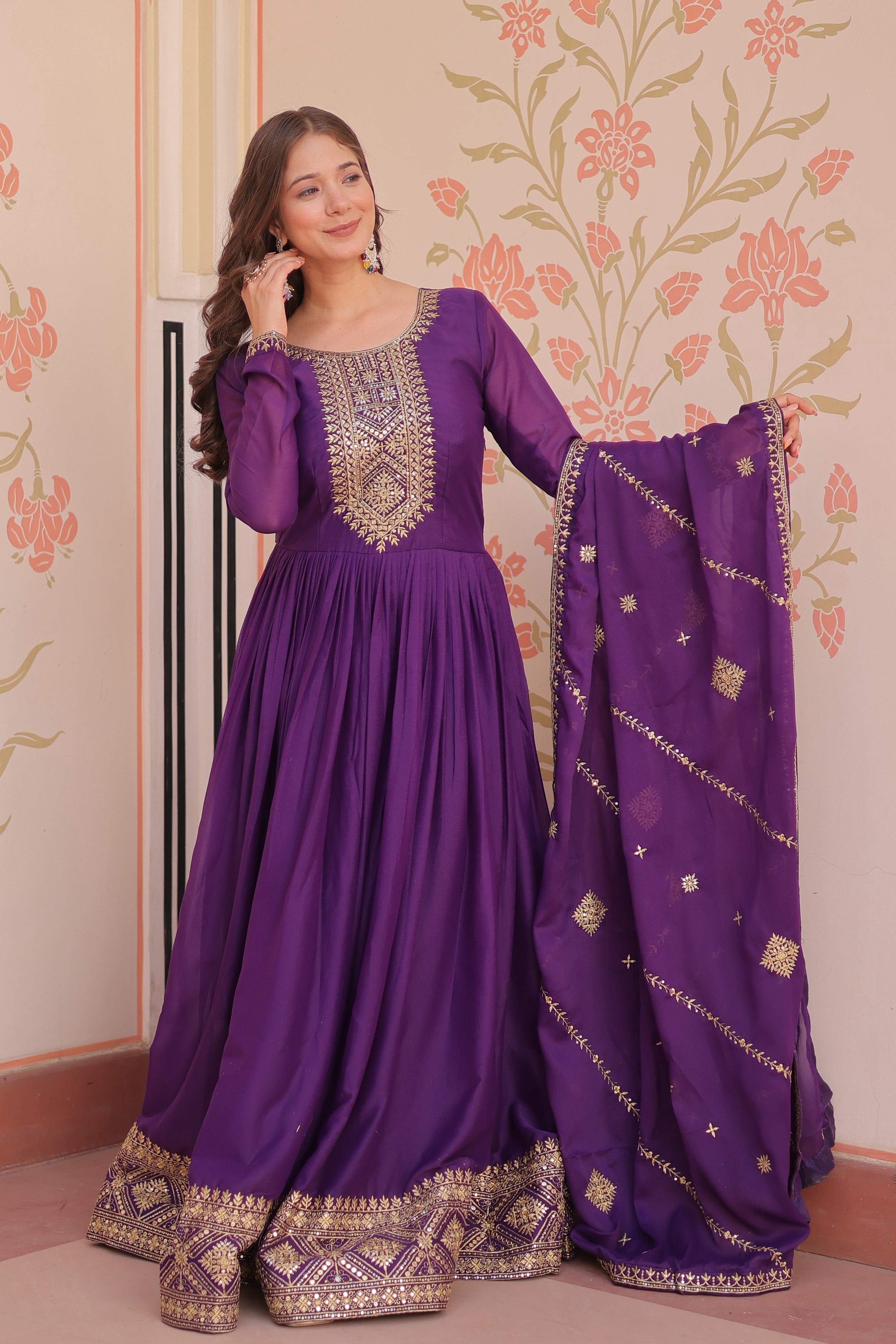 Jyoti Fashion Women's Purple Star Georgette Sequins Zari Embroidered Anarkali Set With Dupatta