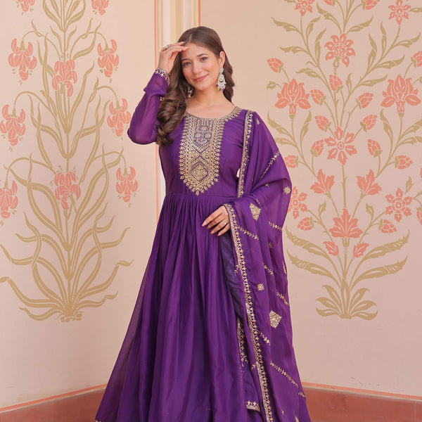 Jyoti Fashion Women's Purple Star Georgette Sequins Zari Embroidered Anarkali Set With Dupatta