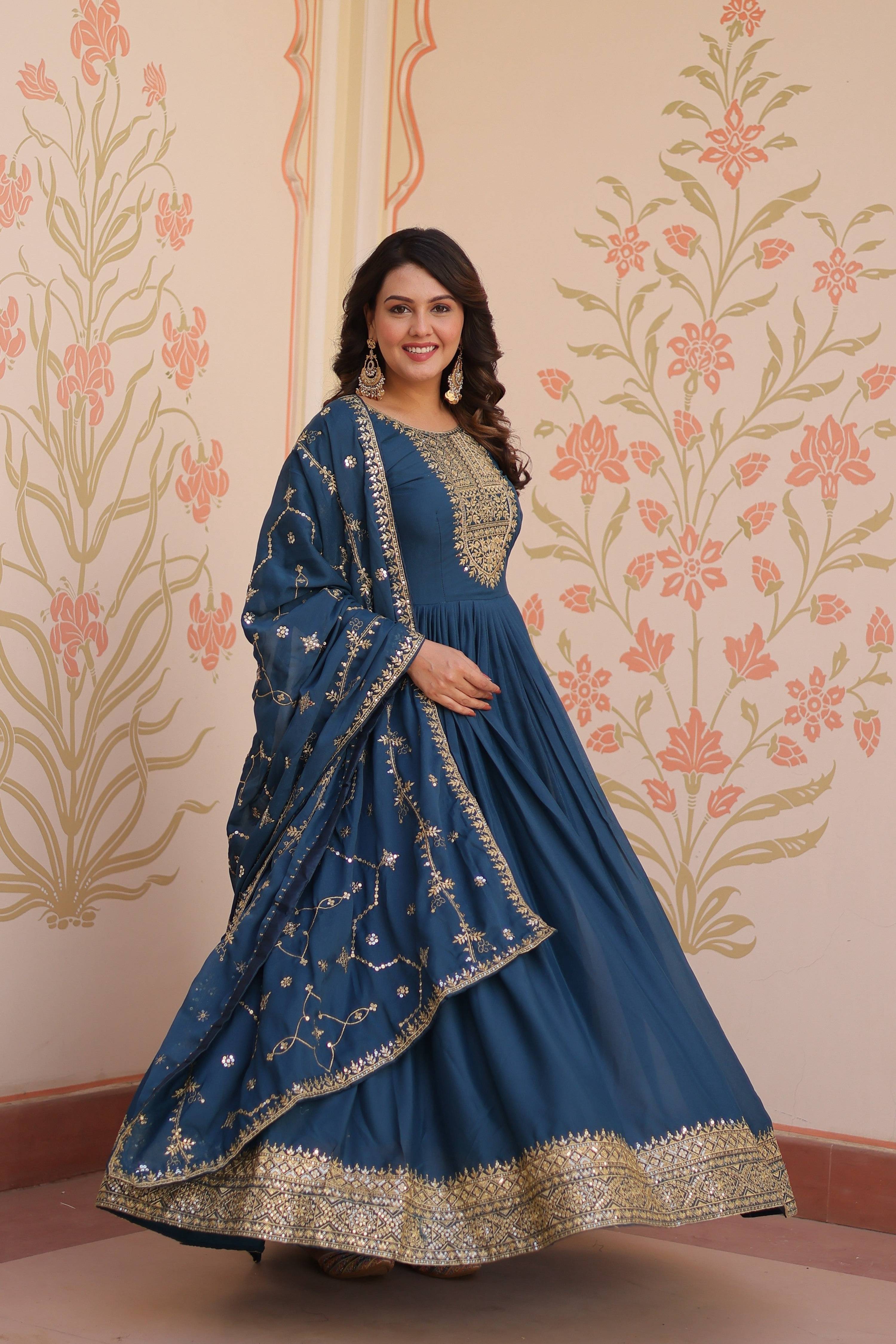Jyoti Fashion Women's Rama Star Georgette Sequins Zari Embroidered Anarkali Set With Dupatta - Distacart