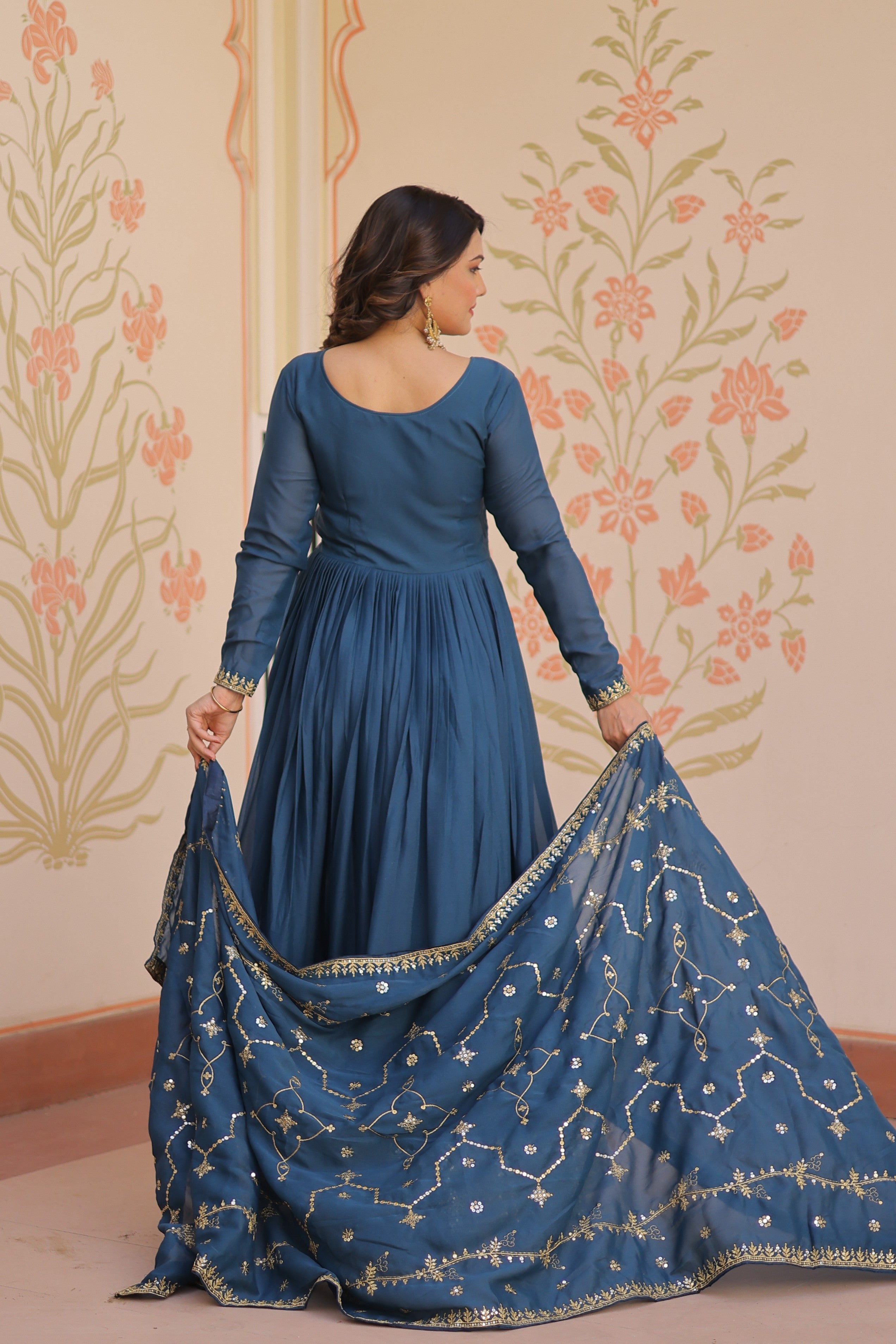 Jyoti Fashion Women's Rama Star Georgette Sequins Zari Embroidered Anarkali Set With Dupatta - Distacart