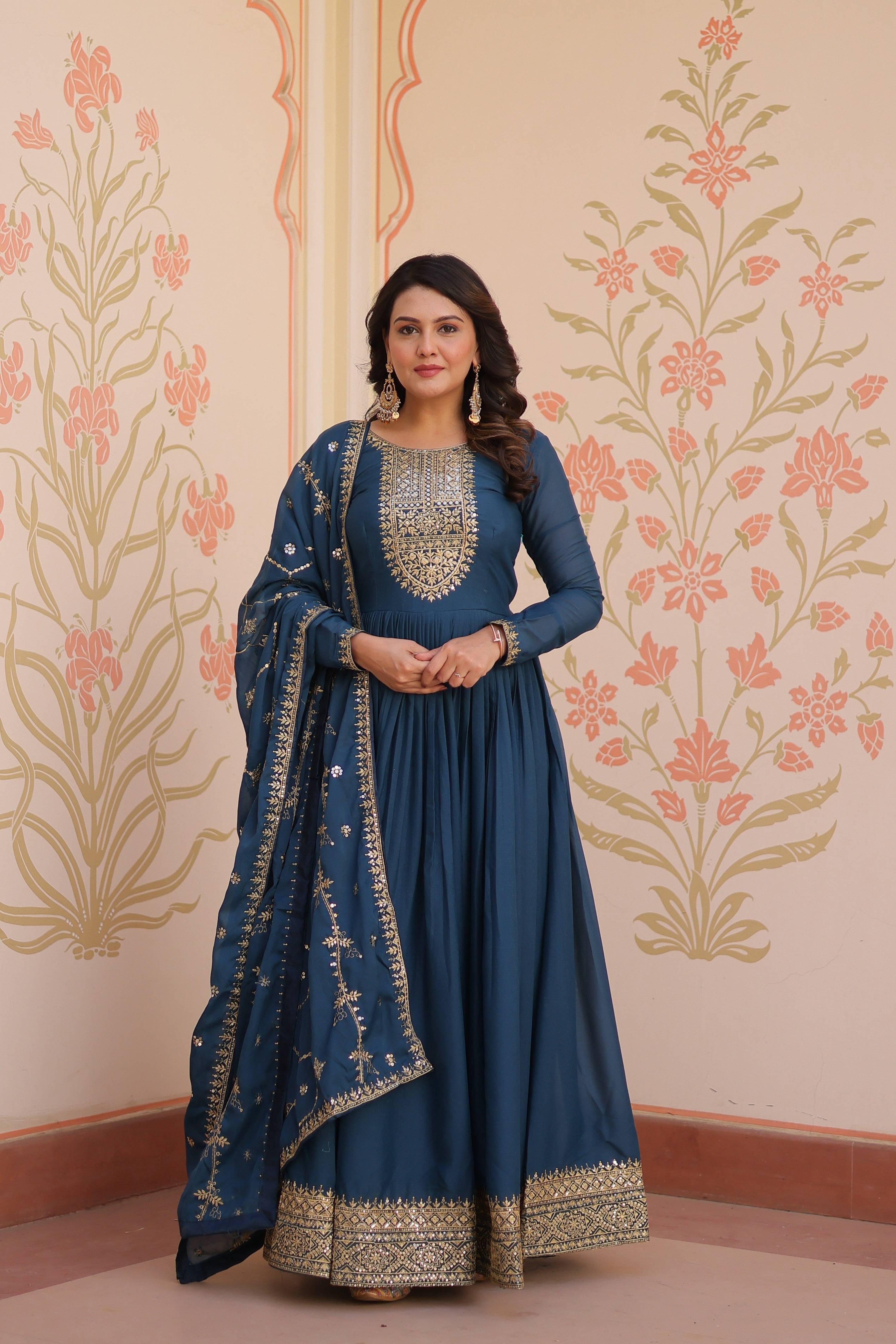 Jyoti Fashion Women's Rama Star Georgette Sequins Zari Embroidered Anarkali Set With Dupatta - Distacart