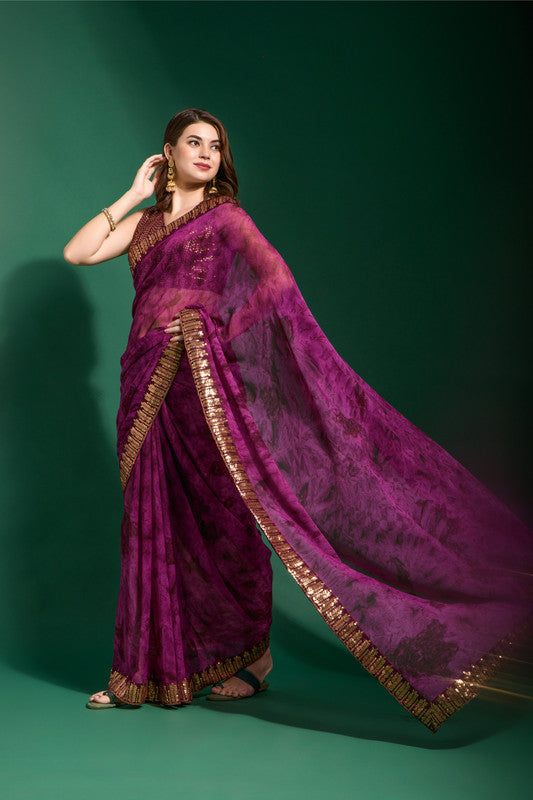 Jyoti Fashion Women's Wine Sequence Embroidery Chiffon Saree with Blouse - Distacart