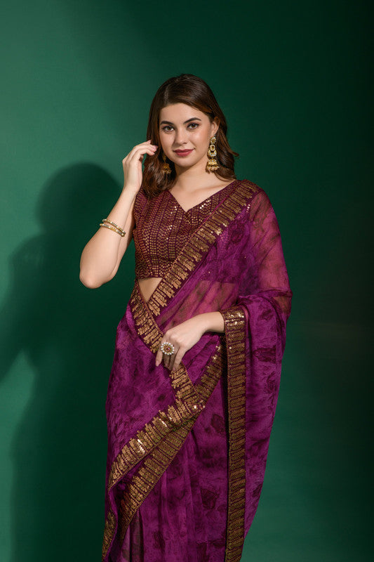Jyoti Fashion Women's Wine Sequence Embroidery Chiffon Saree with Blouse - Distacart