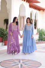 Thumbnail for Jyoti Fashion Women's Purple & Sky Blue Faux Georgette Embroidered Combo Anarkali Set With Dupatta