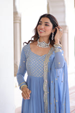 Thumbnail for Jyoti Fashion Women's Sky Blue Faux Georgette Sequins Zari Embroidered Anarkali Set With Dupatta