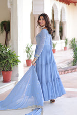 Thumbnail for Jyoti Fashion Women's Sky Blue Faux Georgette Sequins Zari Embroidered Anarkali Set With Dupatta