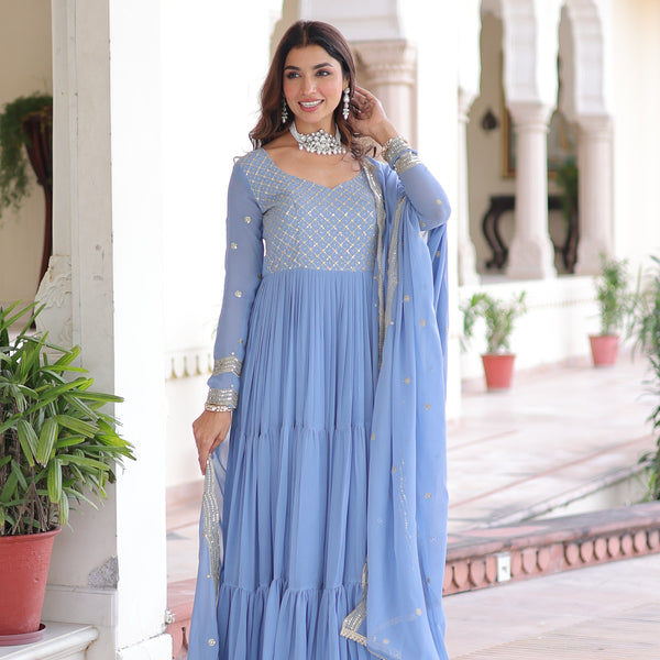 Jyoti Fashion Women's Sky Blue Faux Georgette Sequins Zari Embroidered Anarkali Set With Dupatta