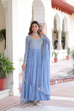 Thumbnail for Jyoti Fashion Women's Sky Blue Faux Georgette Sequins Zari Embroidered Anarkali Set With Dupatta