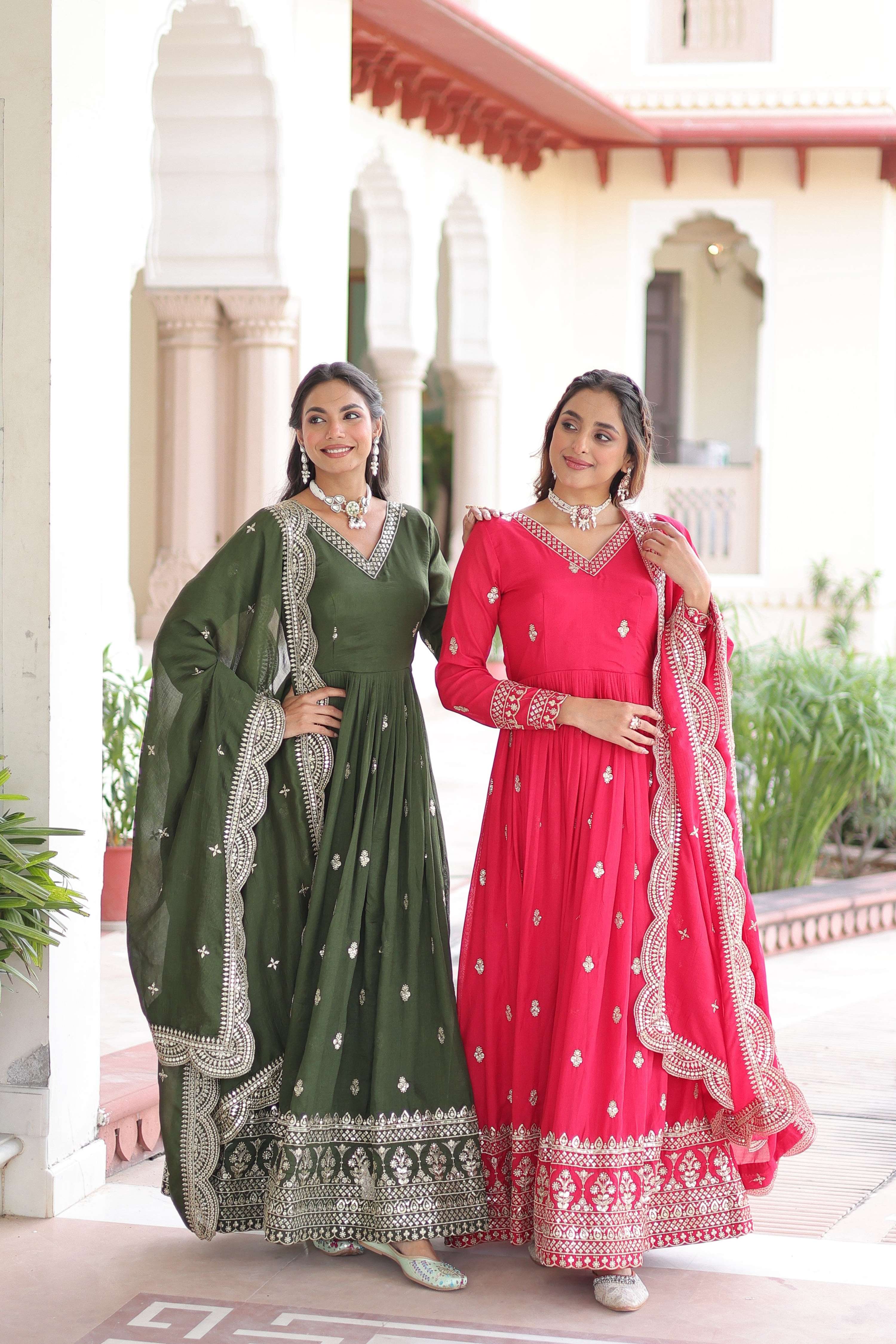 Jyoti Fashion Women's Green & Pink Vichitra Silk Embroidered Combo Anarkali Set With Dupatta - Distacart