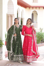 Thumbnail for Jyoti Fashion Women's Green & Pink Vichitra Silk Embroidered Combo Anarkali Set With Dupatta