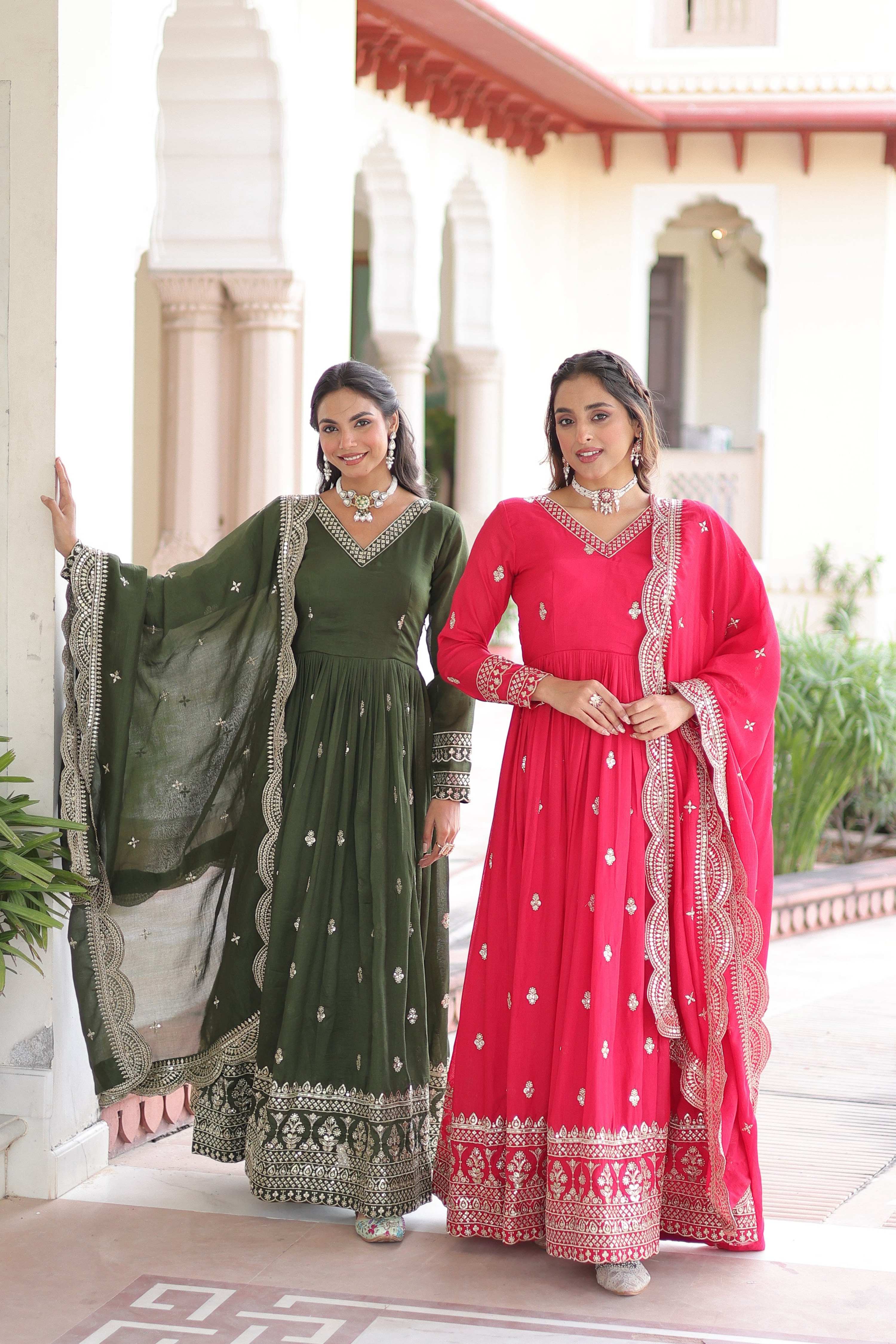 Jyoti Fashion Women's Green & Pink Vichitra Silk Embroidered Combo Anarkali Set With Dupatta