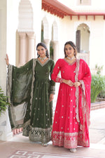 Thumbnail for Jyoti Fashion Women's Green & Pink Vichitra Silk Embroidered Combo Anarkali Set With Dupatta