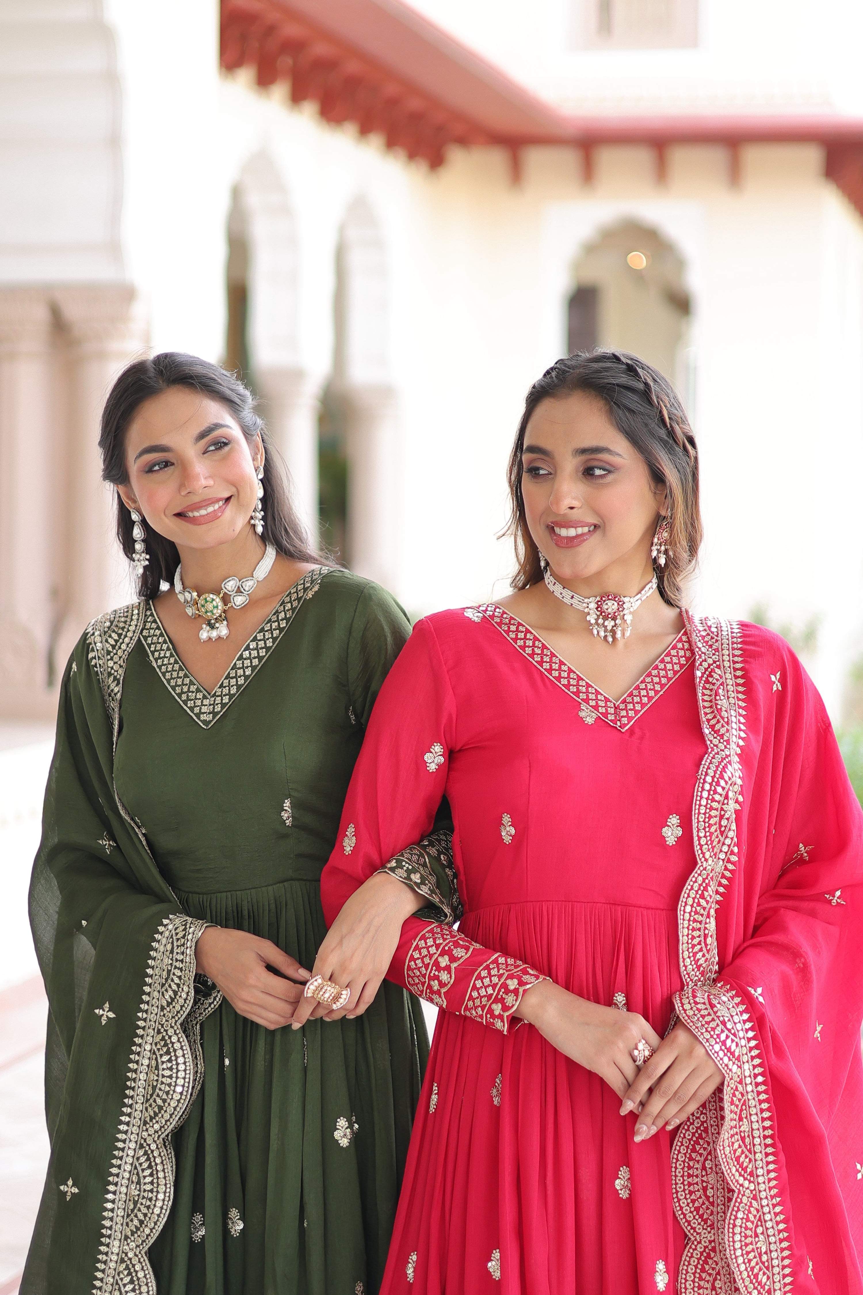 Jyoti Fashion Women's Green & Pink Vichitra Silk Embroidered Combo Anarkali Set With Dupatta