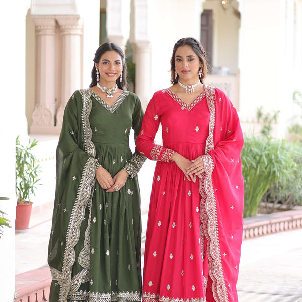 Jyoti Fashion Women's Green & Pink Vichitra Silk Embroidered Combo Anarkali Set With Dupatta