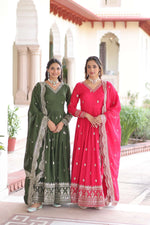 Thumbnail for Jyoti Fashion Women's Green & Pink Vichitra Silk Embroidered Combo Anarkali Set With Dupatta