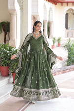 Thumbnail for Jyoti Fashion Women's Green Vichitra Silk Sequins Zari Embroidered Anarkali Set With Dupatta - Distacart