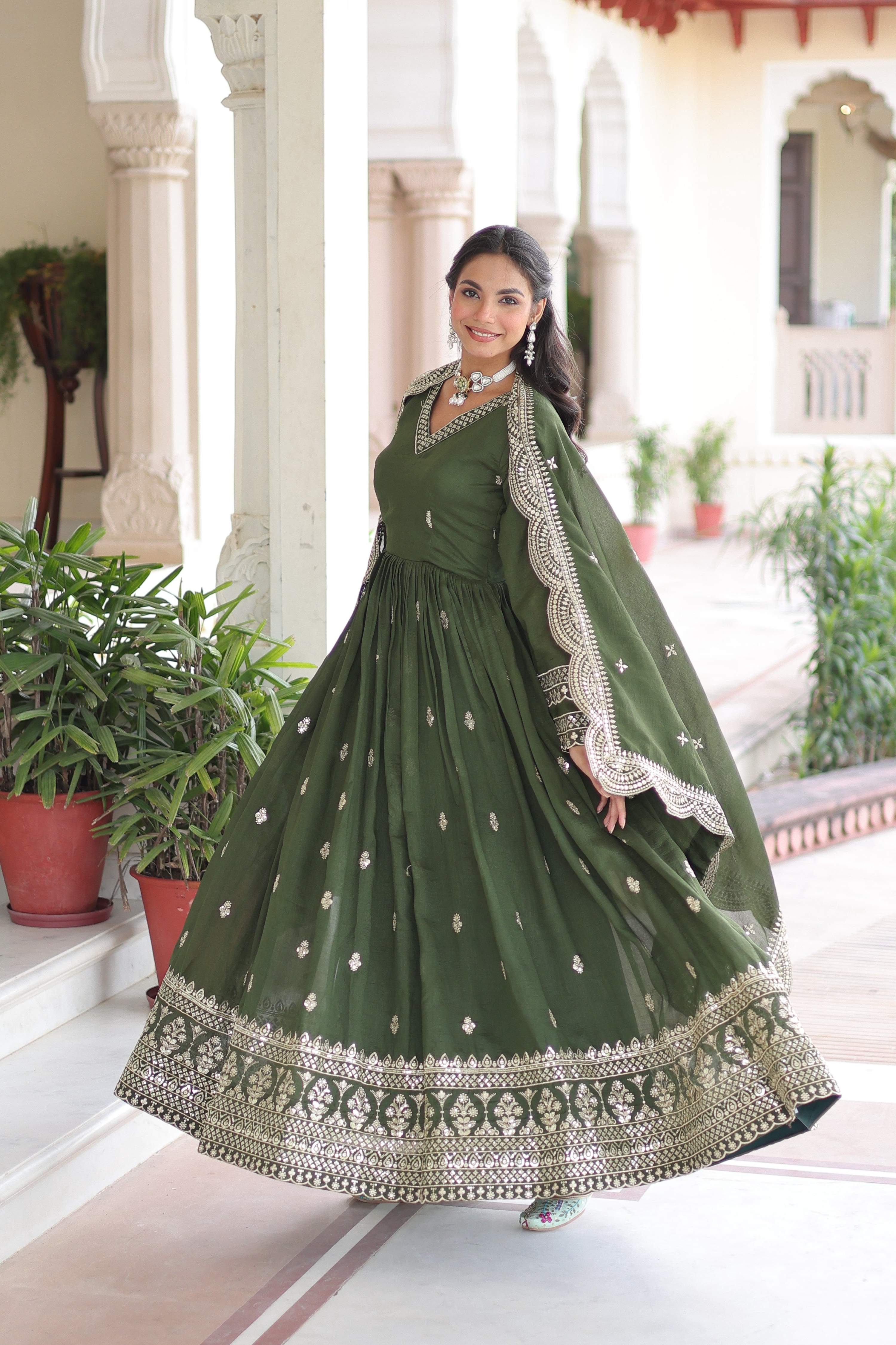 Jyoti Fashion Women's Green Vichitra Silk Sequins Zari Embroidered Anarkali Set With Dupatta - Distacart