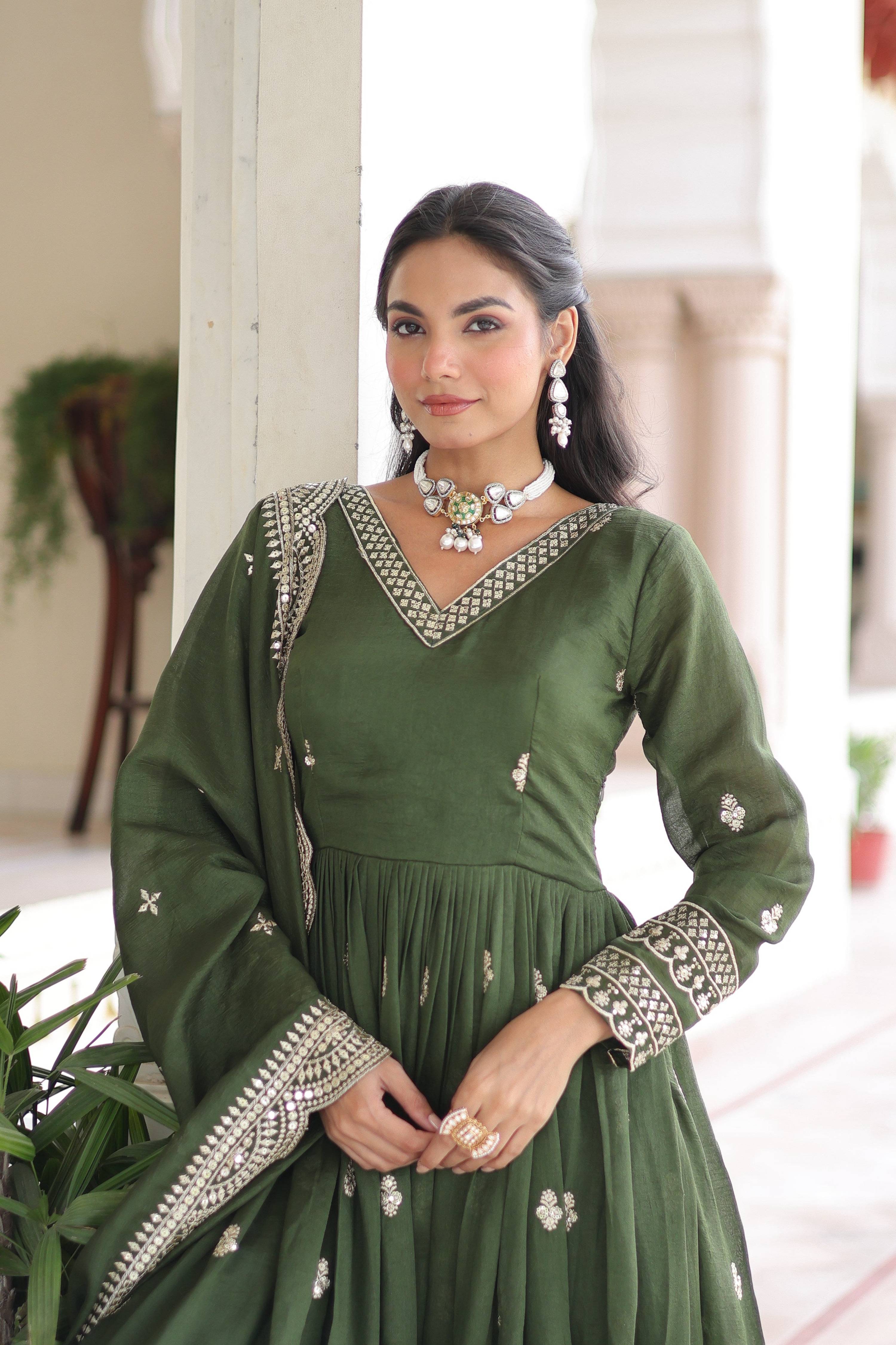 Jyoti Fashion Women's Green Vichitra Silk Sequins Zari Embroidered Anarkali Set With Dupatta - Distacart