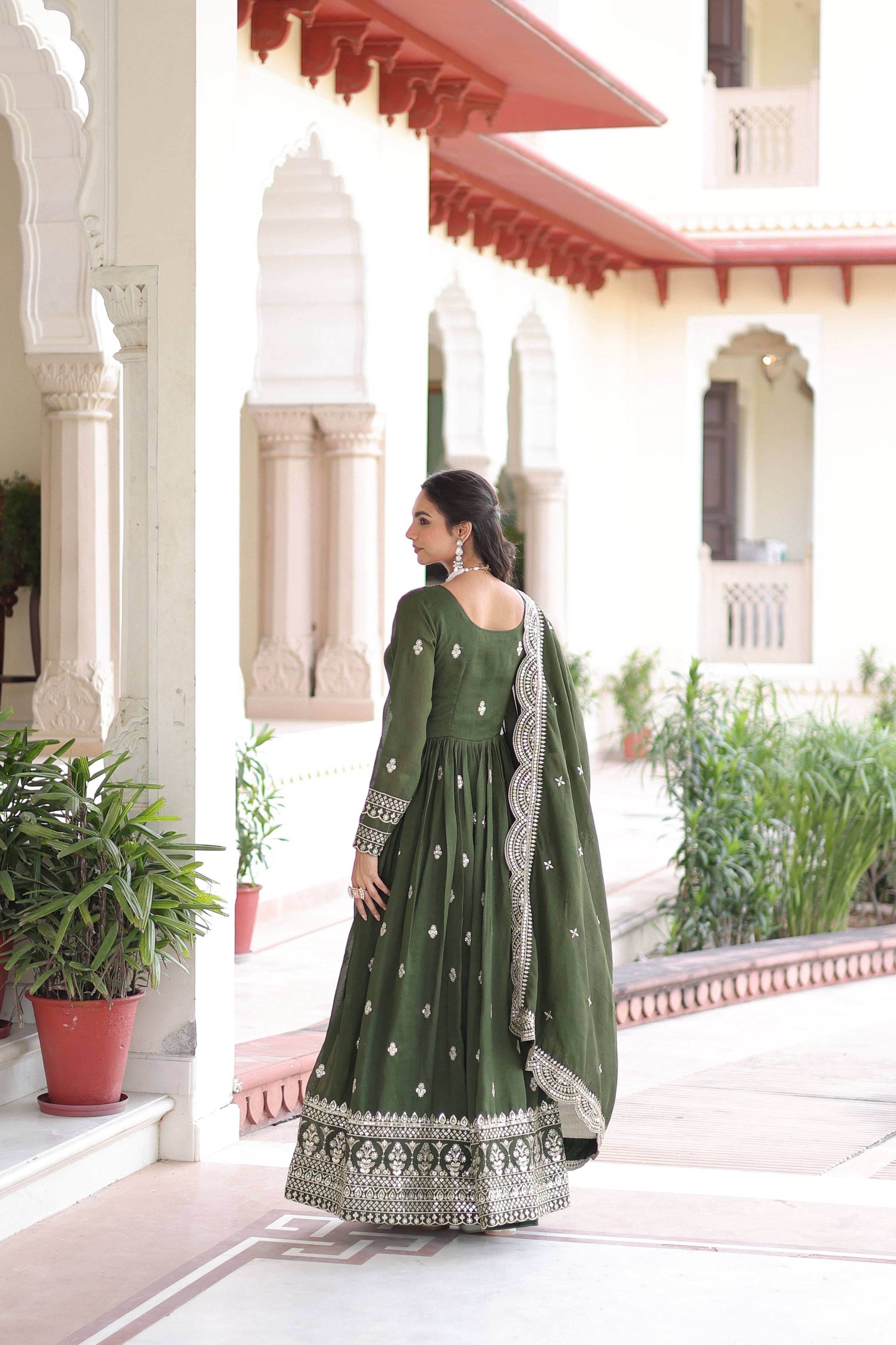 Jyoti Fashion Women's Green Vichitra Silk Sequins Zari Embroidered Anarkali Set With Dupatta - Distacart