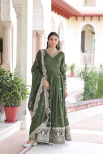Thumbnail for Jyoti Fashion Women's Green Vichitra Silk Sequins Zari Embroidered Anarkali Set With Dupatta - Distacart