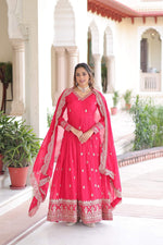Thumbnail for Jyoti Fashion Women's Pink Vichitra Silk Sequins Zari Embroidered Anarkali Set With Dupatta - Distacart