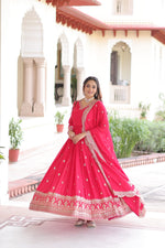 Thumbnail for Jyoti Fashion Women's Pink Vichitra Silk Sequins Zari Embroidered Anarkali Set With Dupatta - Distacart
